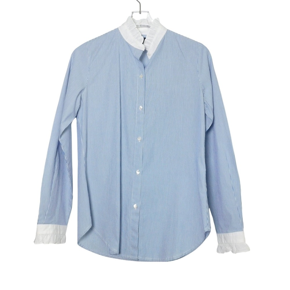 Nili Lotan Lydia Striped Shirt Blue White Ruffle Trim Cotton Blouse‎ XS